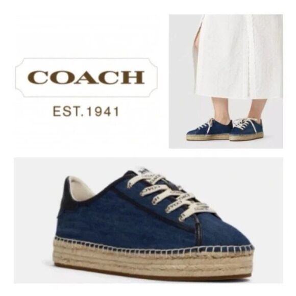 NEW Coach Cate Denim Espadrille Sneakers sz 7.5 Blue Jute Platform Summer Shoes - Picture 1 of 7